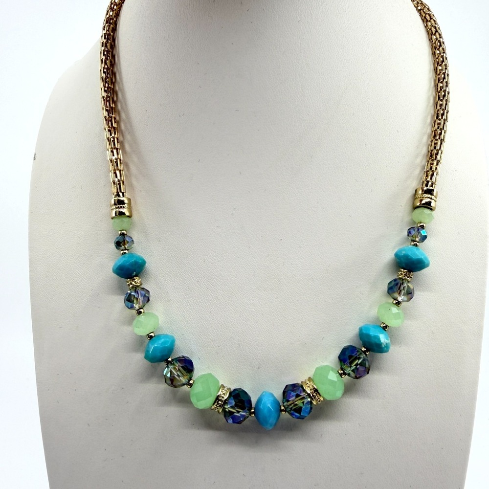 VTG Gold Tone Mesh Beads Collar Necklace with Turquoise Mint Green Crystals